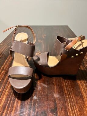 Deb Brown Platform Wedge Sandals with Ankle Strap